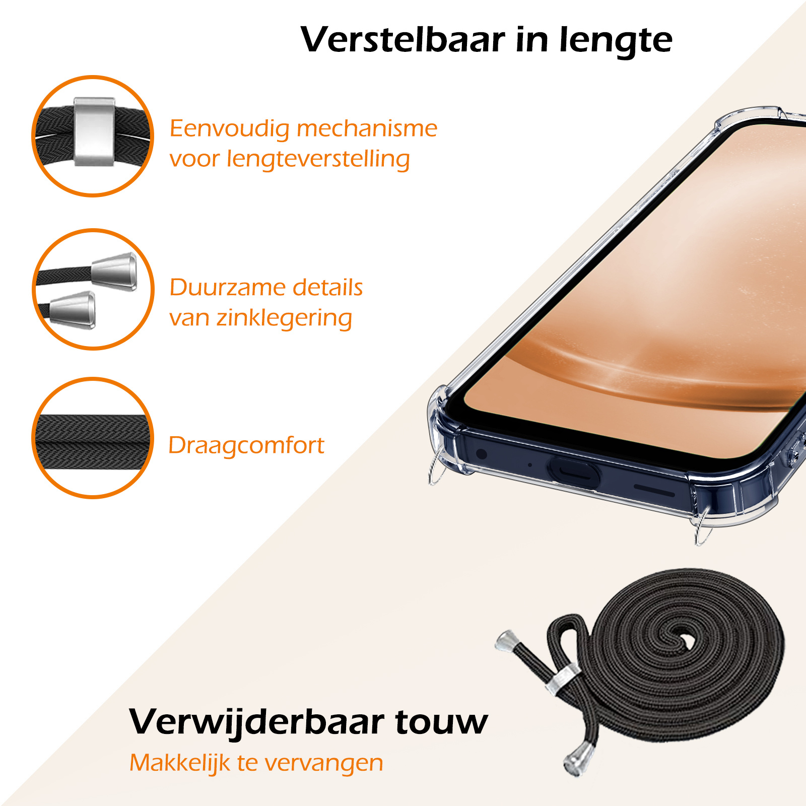 Nomfy Hoesje Geschikt voor Samsung A25 Hoesje Shock Proof Transparant Met Telefoonketting Case Shock Koord - Hoesje Geschikt voor Samsung Galaxy A25 Shock Proof Case Met Koord - Transparant