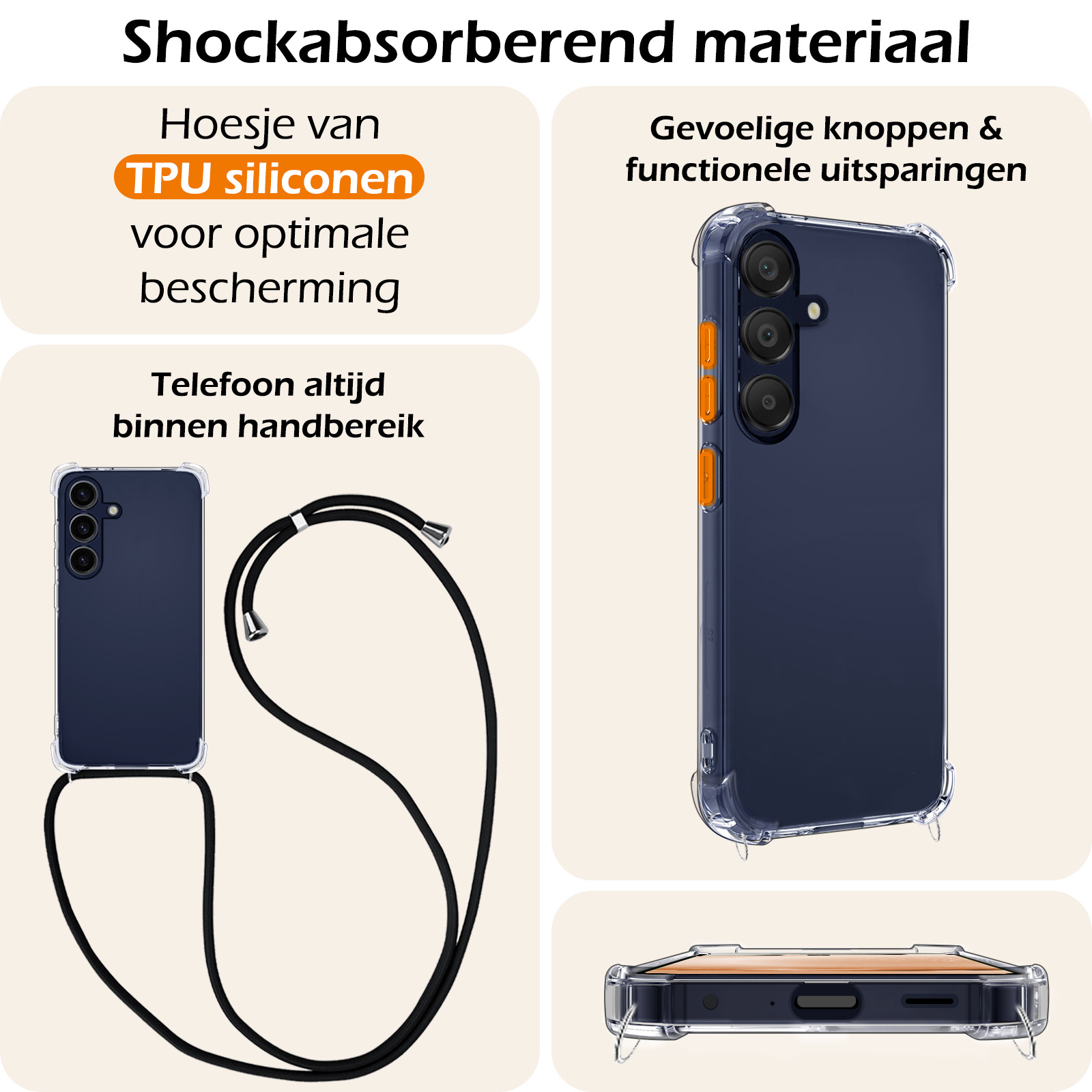 Nomfy Hoesje Geschikt voor Samsung A25 Hoesje Shock Proof Transparant Met Telefoonketting Case Shock Koord - Hoesje Geschikt voor Samsung Galaxy A25 Shock Proof Case Met Koord - Transparant
