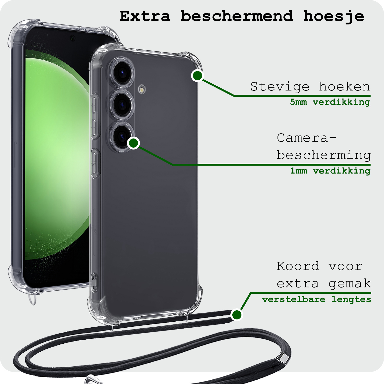 BASEY. Hoes Geschikt voor Samsung S23 FE Hoesje Shock Proof Case Met Koord Shock Hoes Met Koord - Hoesje Geschikt voor Samsung Galaxy S23 FE Hoes Cover Met Koord - Transparant