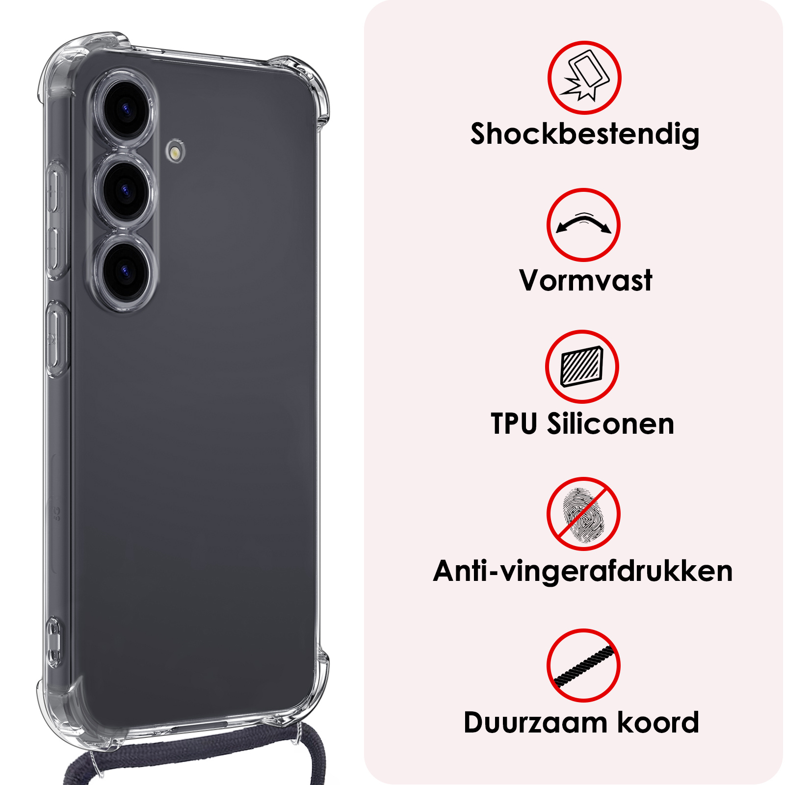 NoXx Hoes Geschikt voor Samsung S23 FE Hoesje Transparant Met Telefoonkoord Cover Shock Proof Case Koord Hoes