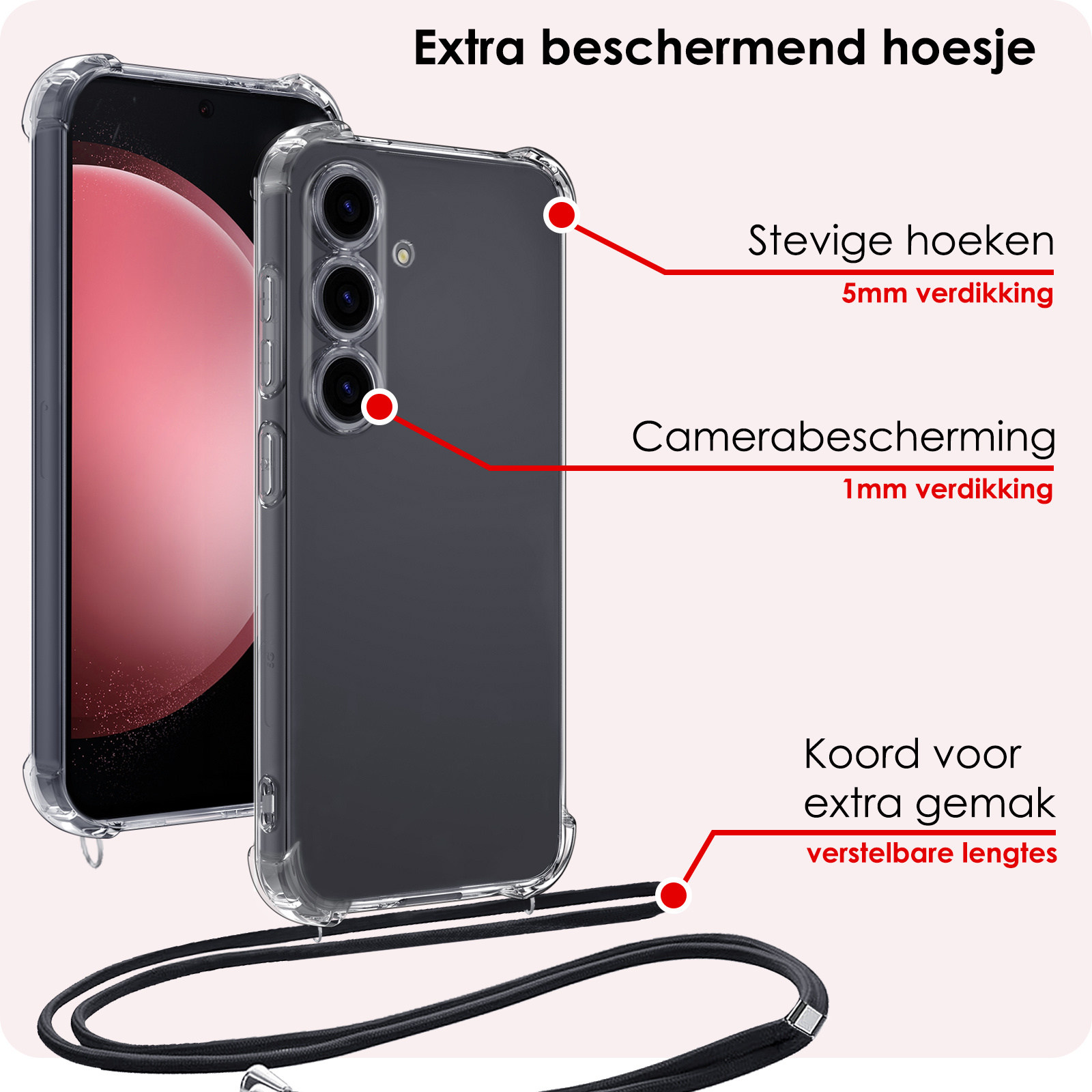 NoXx Hoes Geschikt voor Samsung S23 FE Hoesje Transparant Met Telefoonkoord Cover Shock Proof Case Koord Hoes