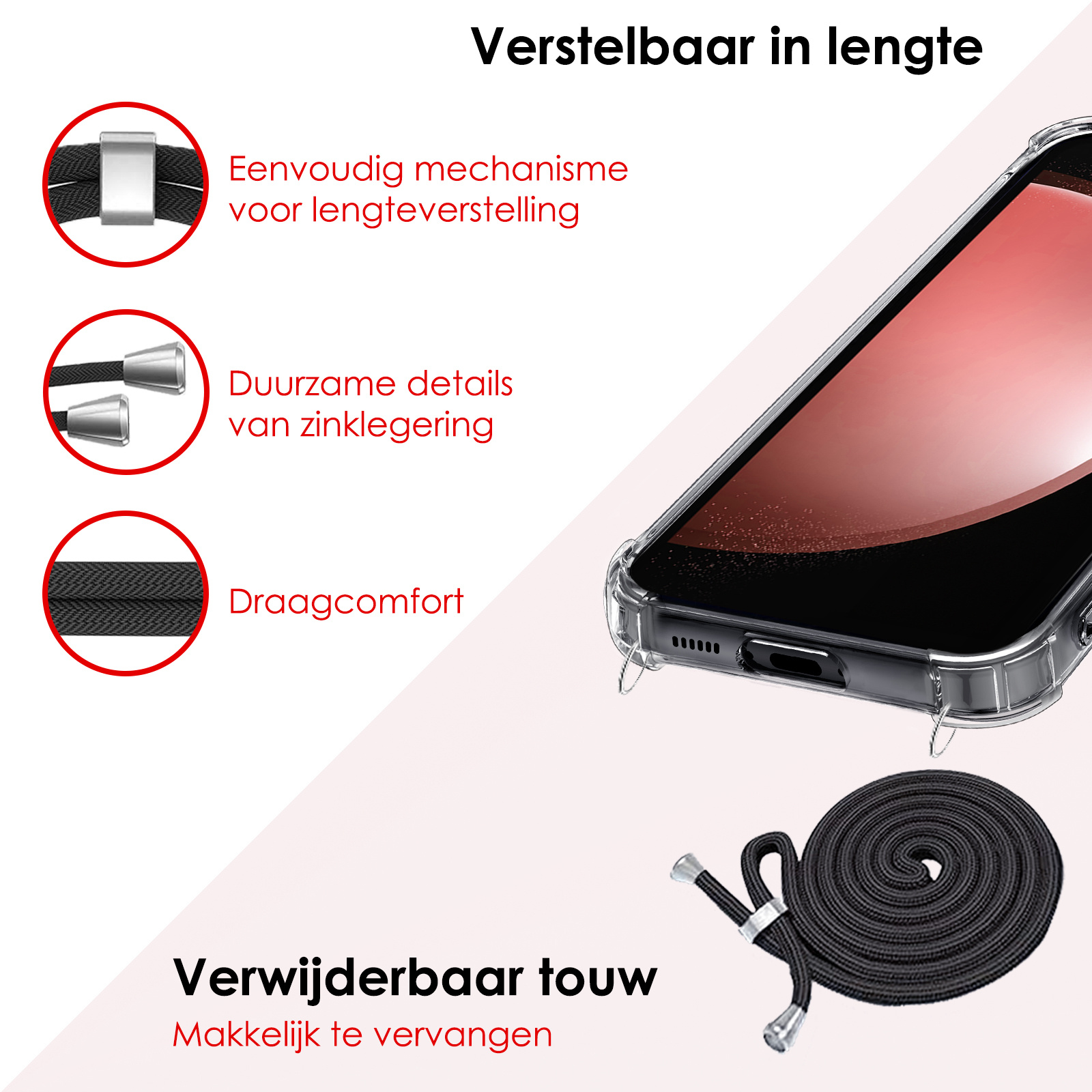 NoXx Hoes Geschikt voor Samsung S23 FE Hoesje Transparant Met Telefoonkoord Cover Shock Proof Case Koord Hoes