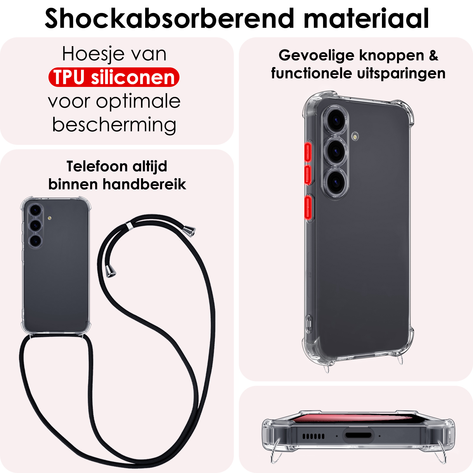 NoXx Hoes Geschikt voor Samsung S23 FE Hoesje Transparant Met Telefoonkoord Cover Shock Proof Case Koord Hoes