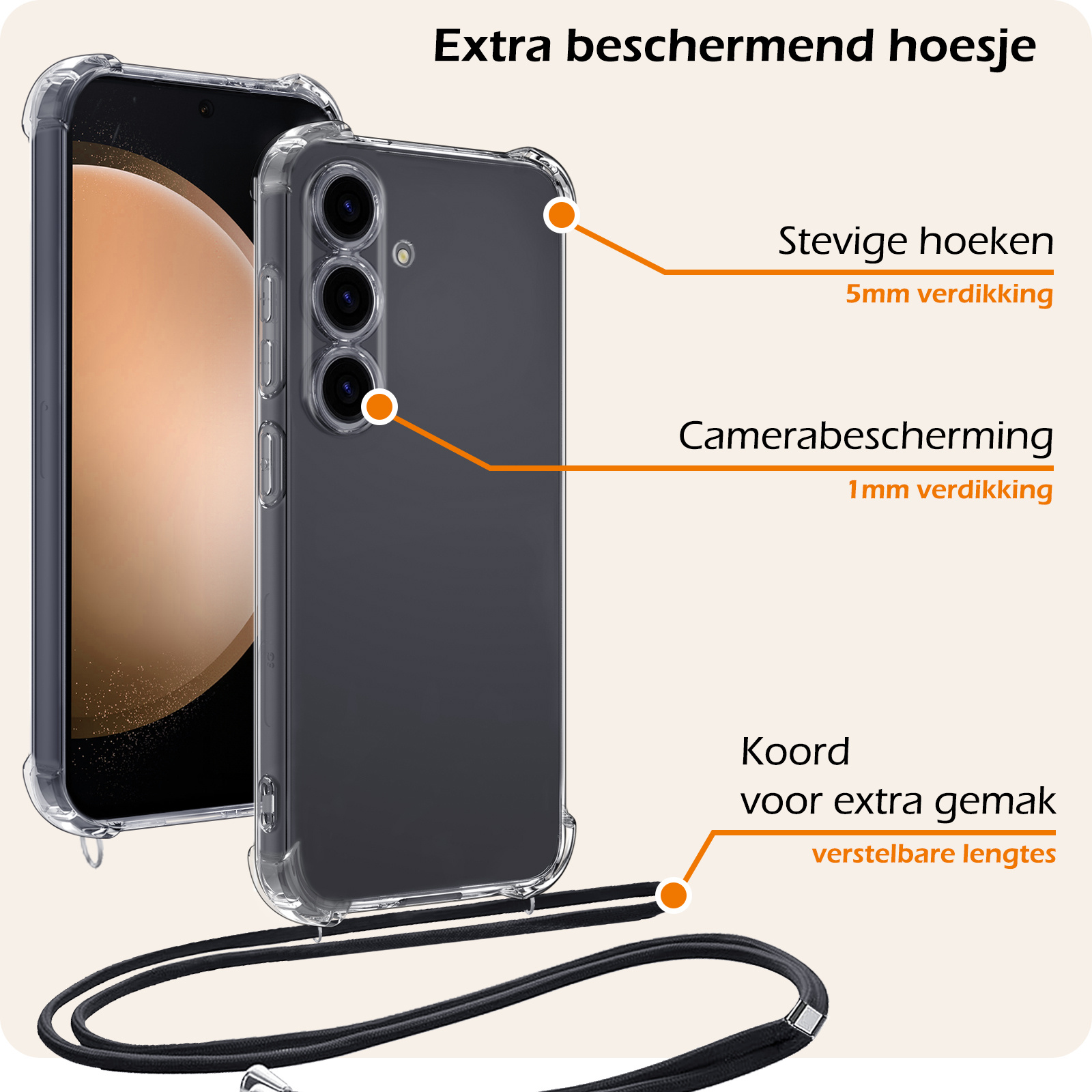 Nomfy Hoesje Geschikt voor Samsung S23 FE Hoesje Shock Proof Transparant Met Telefoonketting Case Shock Koord - Hoesje Geschikt voor Samsung Galaxy S23 FE Shock Proof Case Met Koord - Transparant