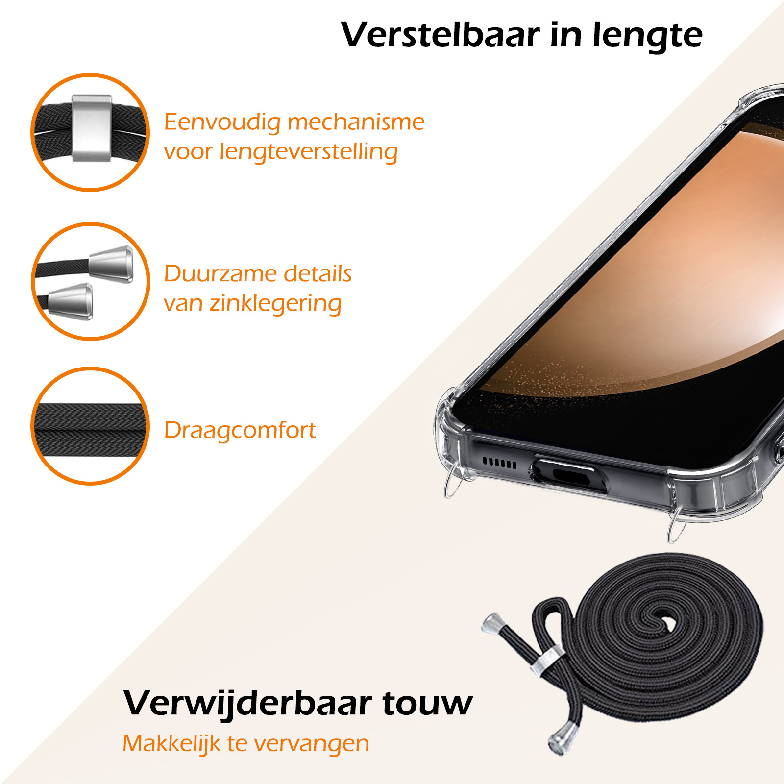 Nomfy Hoesje Geschikt voor Samsung S23 FE Hoesje Shock Proof Transparant Met Telefoonketting Case Shock Koord - Hoesje Geschikt voor Samsung Galaxy S23 FE Shock Proof Case Met Koord - Transparant