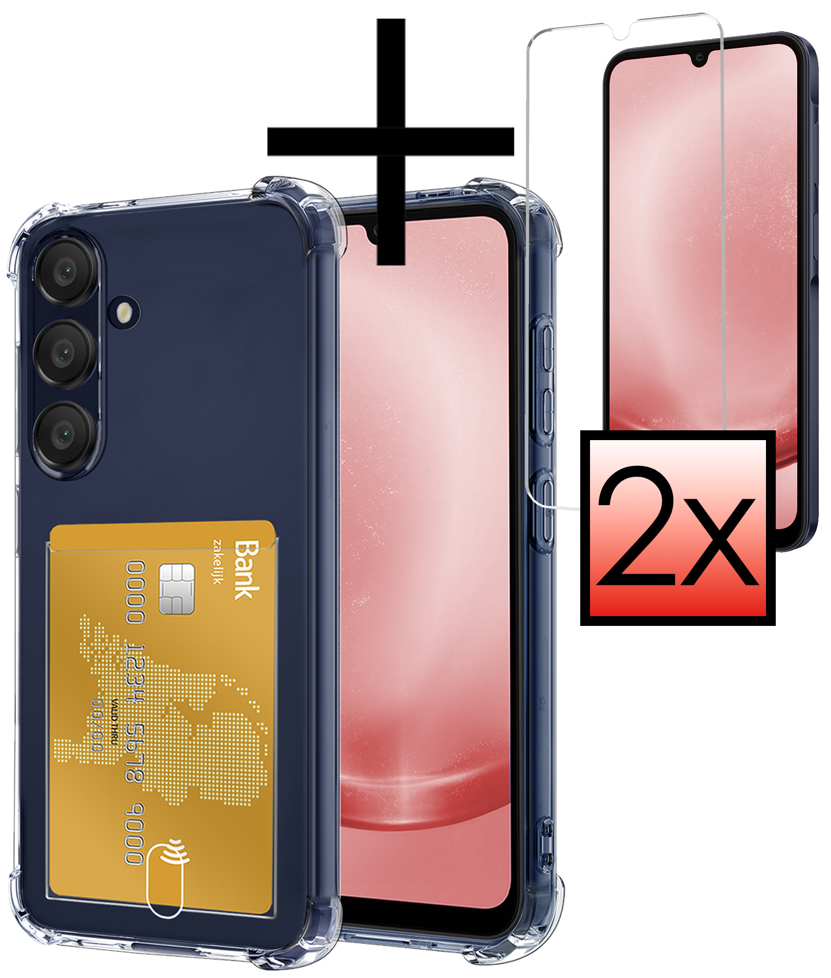 NoXx Hoes Geschikt voor Samsung A25 Hoesje Pasjeshouder Cover Shock Proof Case Siliconen Hoes Met Kaarthouder Met 2x Screenprotector - Transparant
