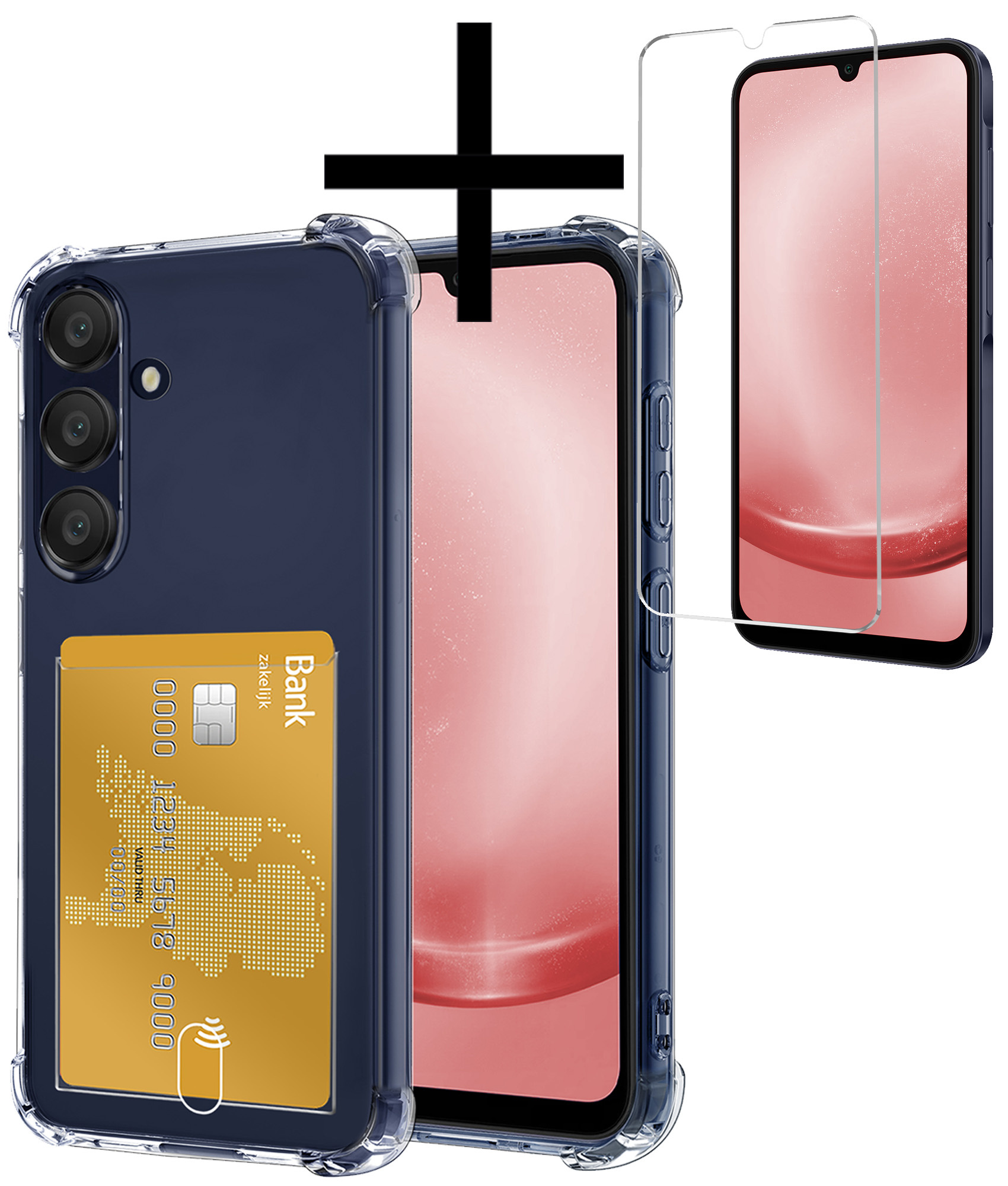 NoXx Hoes Geschikt voor Samsung A25 Hoesje Pasjeshouder Cover Shock Proof Case Siliconen Hoes Met Kaarthouder Met Screenprotector - Transparant