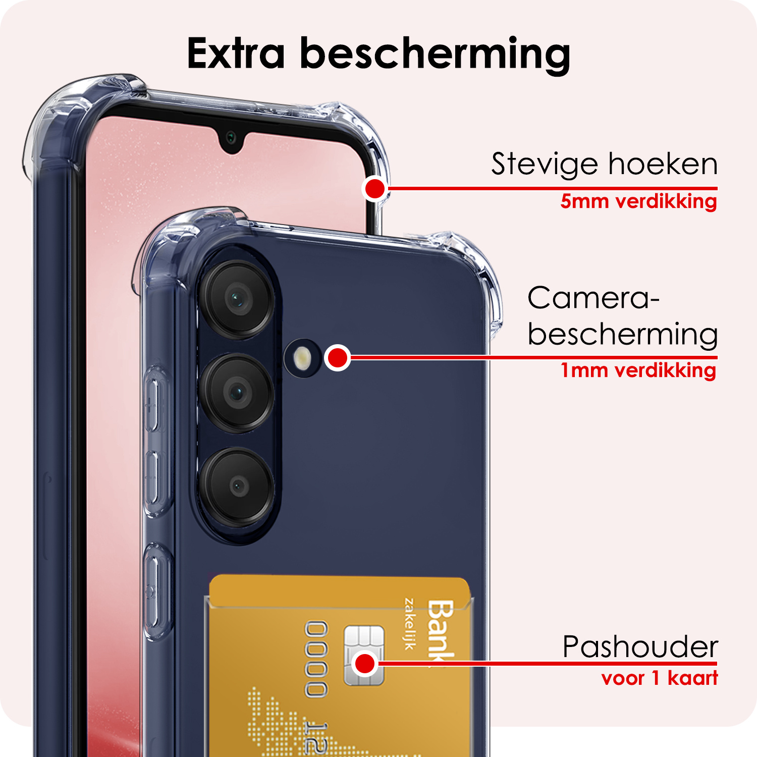 NoXx Hoes Geschikt voor Samsung A25 Hoesje Pasjeshouder Cover Shock Proof Case Siliconen Hoes Met Kaarthouder Met Screenprotector - Transparant