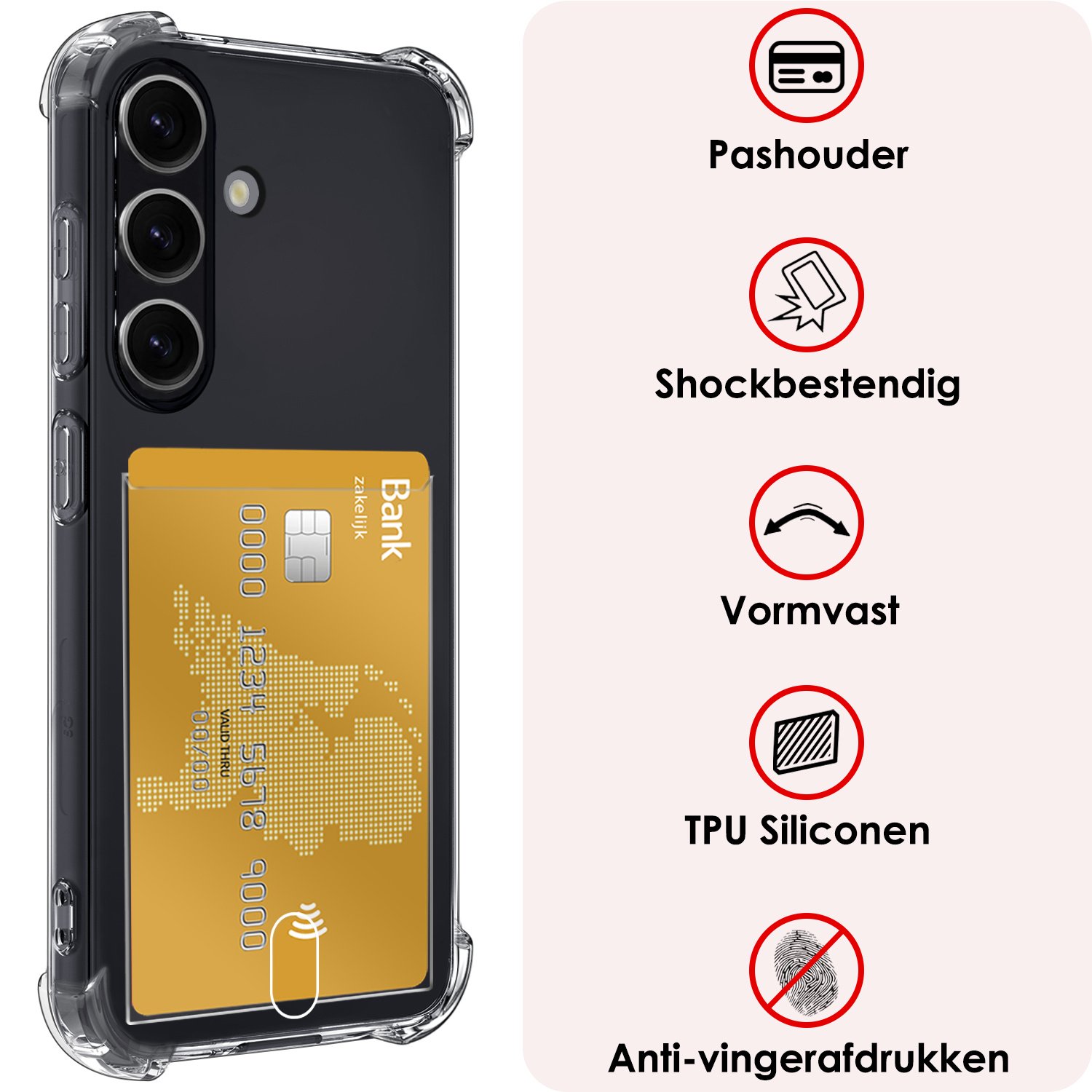 NoXx Hoes Geschikt voor Samsung S23 FE Hoesje Pasjeshouder Cover Shock Proof Case Siliconen Hoes Met Kaarthouder Met Screenprotector - Transparant