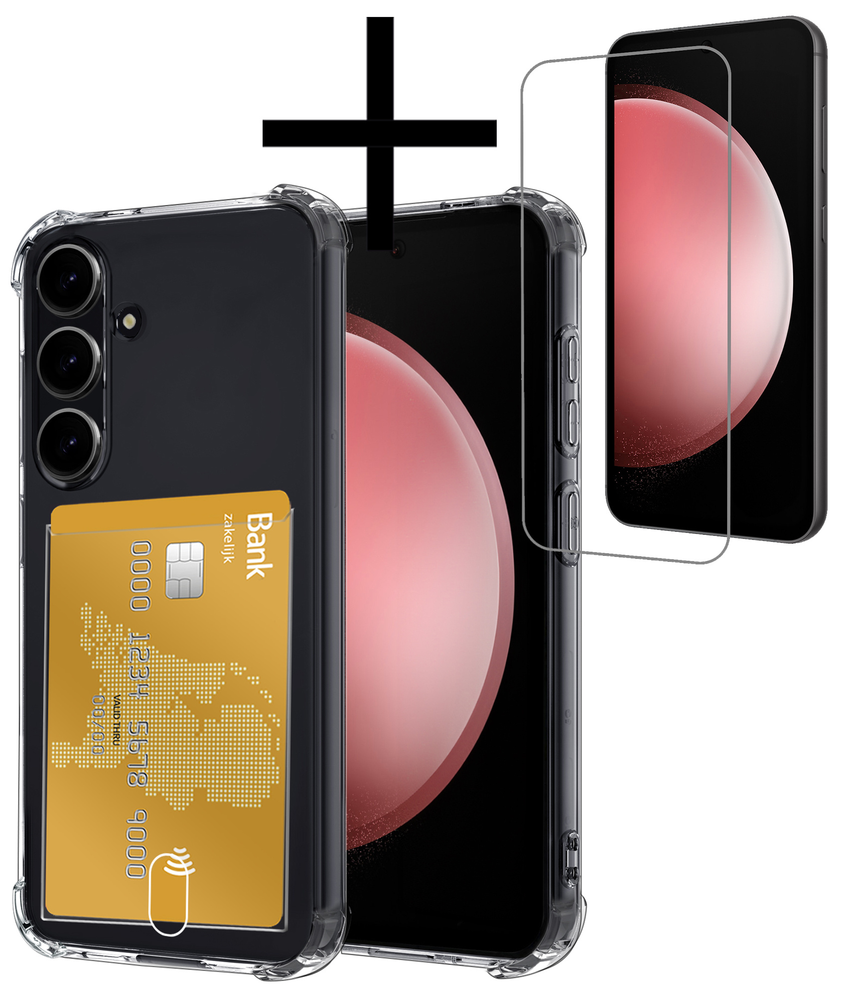 NoXx Hoes Geschikt voor Samsung S23 FE Hoesje Pasjeshouder Cover Shock Proof Case Siliconen Hoes Met Kaarthouder Met Screenprotector - Transparant