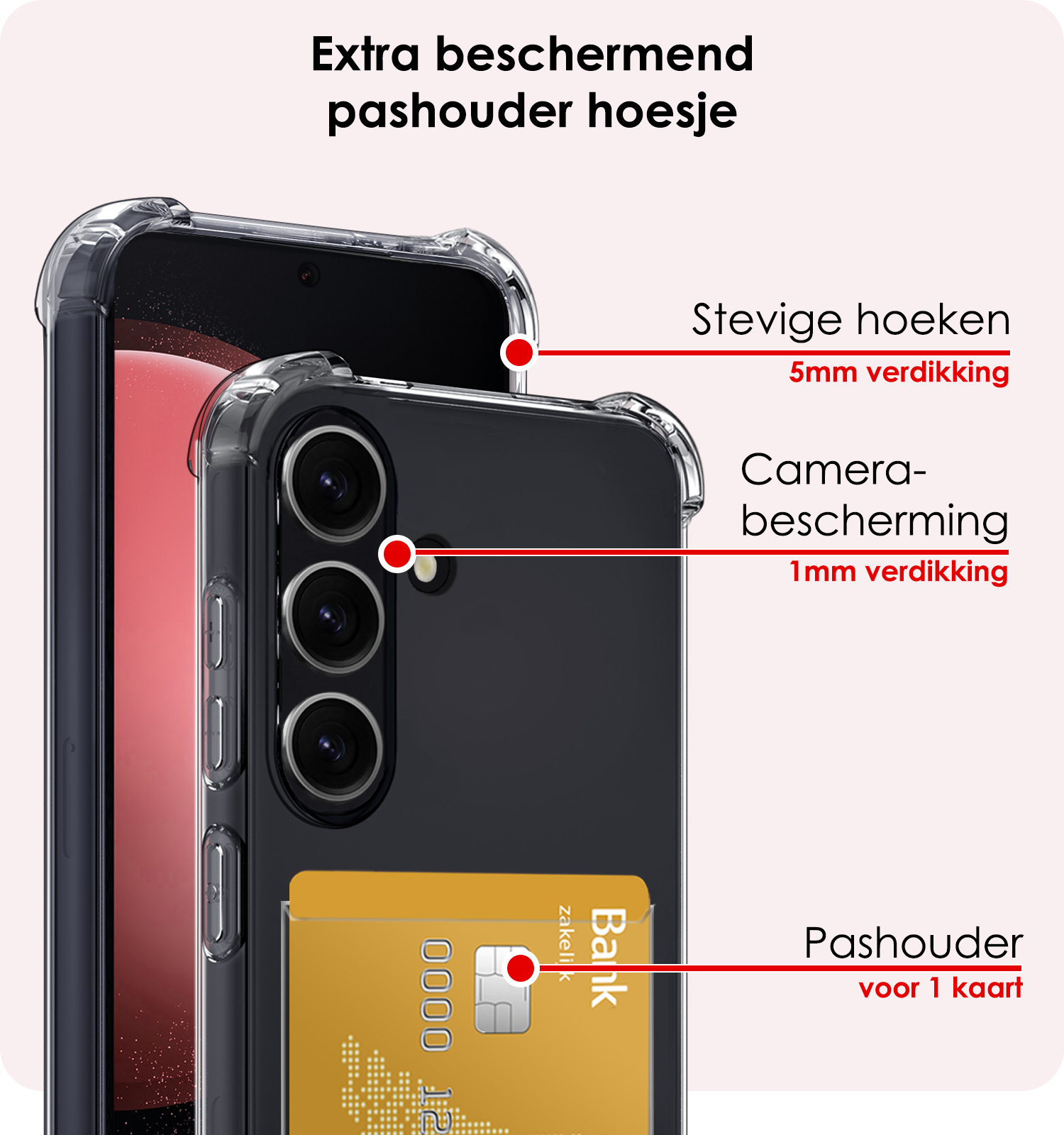 NoXx Hoes Geschikt voor Samsung S23 FE Hoesje Pasjeshouder Cover Shock Proof Case Siliconen Hoes Met Kaarthouder Met 2x Screenprotector - Transparant