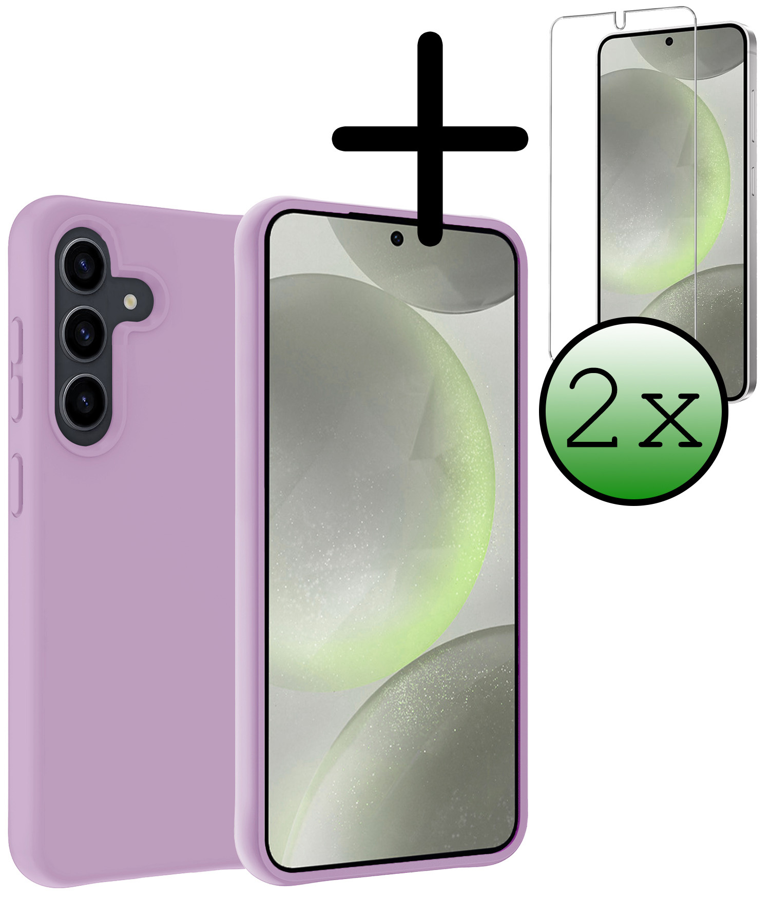 BASEY. Hoes Geschikt voor Samsung S24 Hoesje Siliconen Back Cover Case Met 2x Screenprotector - Hoesje Geschikt voor Samsung Galaxy S24 Hoes Cover Hoesje - Lila