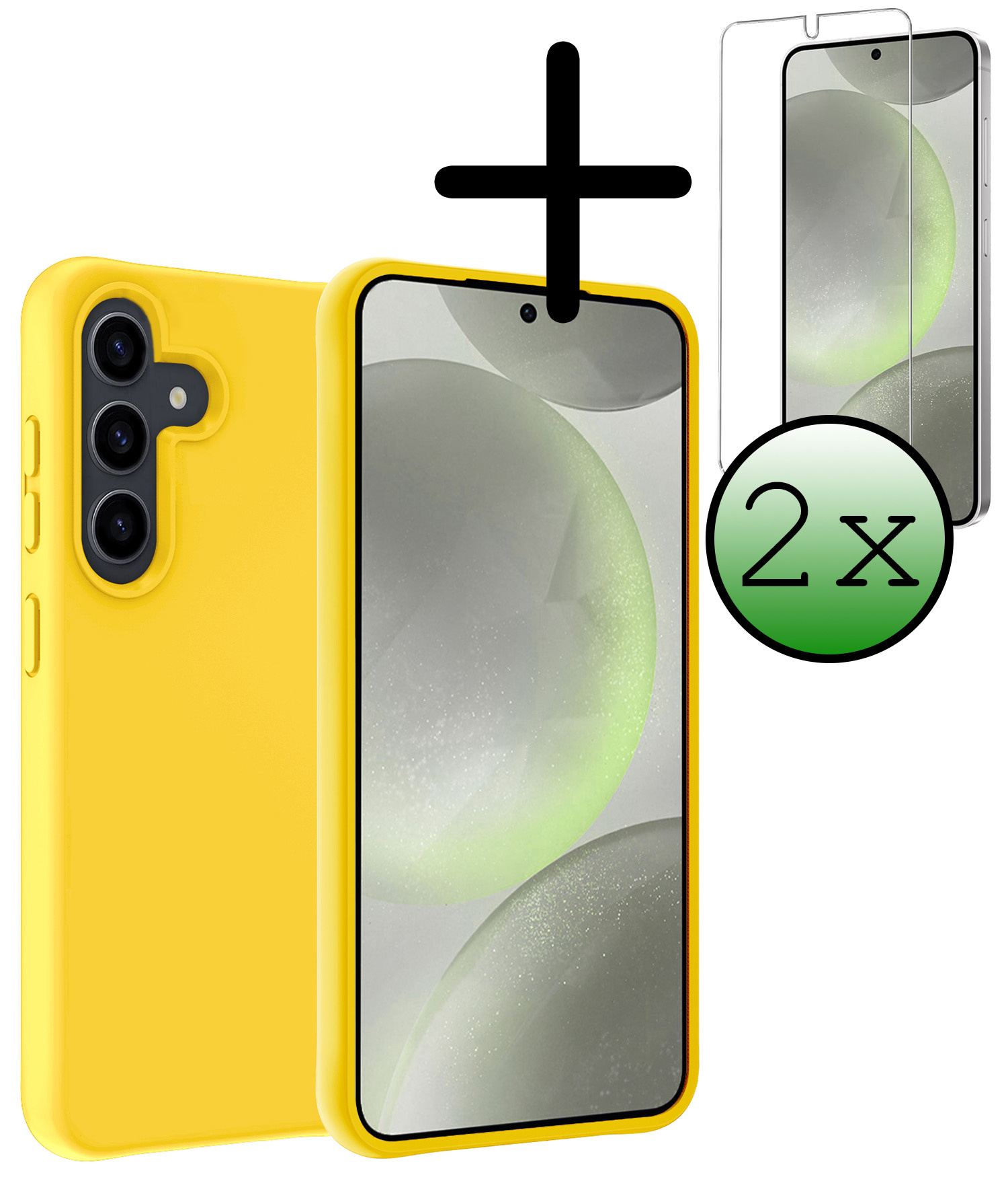BASEY. Hoes Geschikt voor Samsung S24 Hoesje Siliconen Back Cover Case Met 2x Screenprotector - Hoesje Geschikt voor Samsung Galaxy S24 Hoes Cover Hoesje - Geel