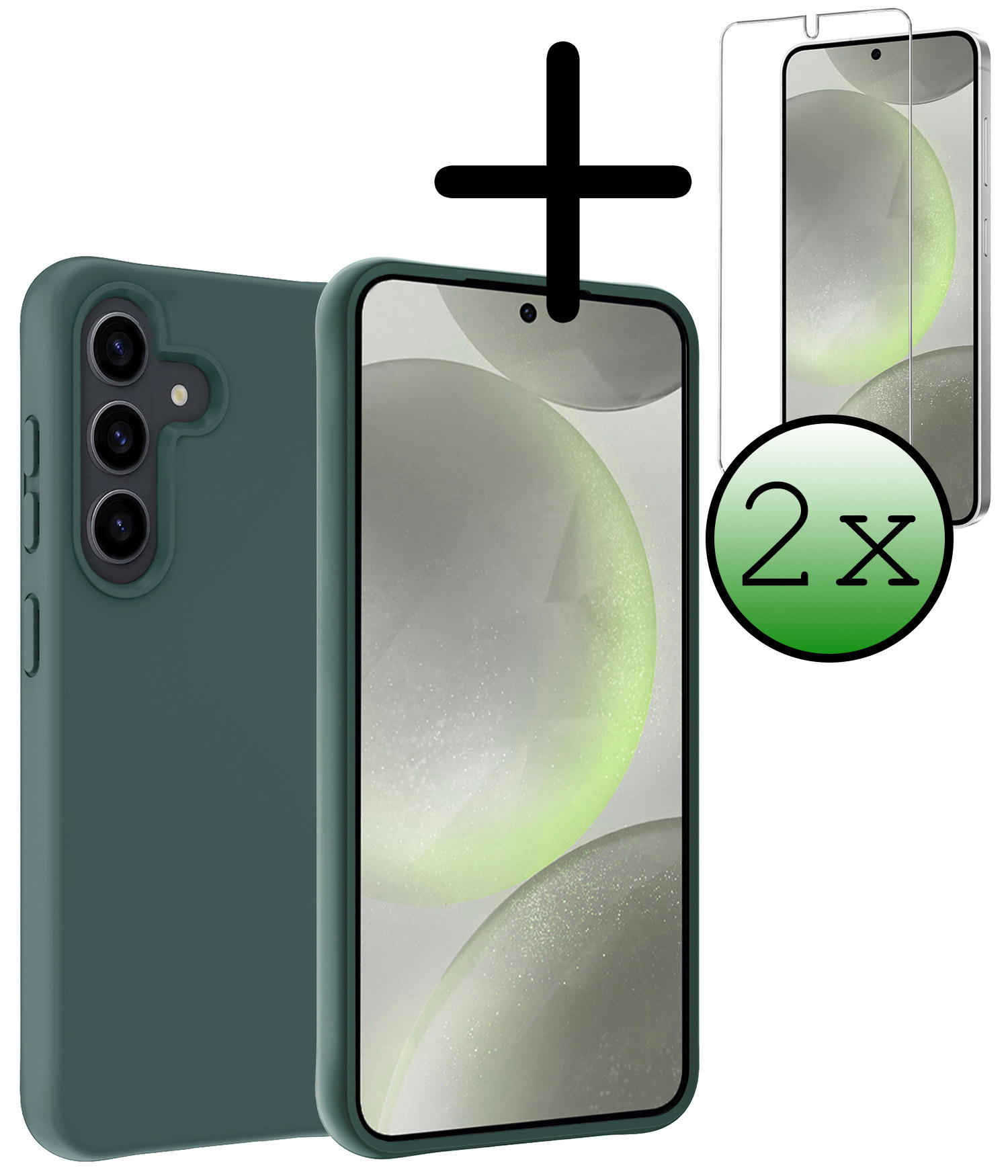 BASEY. Hoes Geschikt voor Samsung S24 Hoesje Siliconen Back Cover Case Met 2x Screenprotector - Hoesje Geschikt voor Samsung Galaxy S24 Hoes Cover Hoesje - Donkergroen