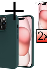 NoXx Hoes Geschikt voor iPhone 15 Pro Hoesje Cover Siliconen Back Case Hoes Met 2x Screenprotector - Donkergroen