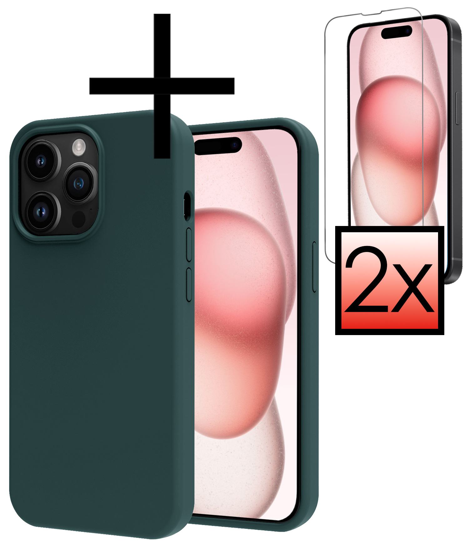 NoXx Hoes Geschikt voor iPhone 15 Pro Hoesje Cover Siliconen Back Case Hoes Met 2x Screenprotector - Donkergroen