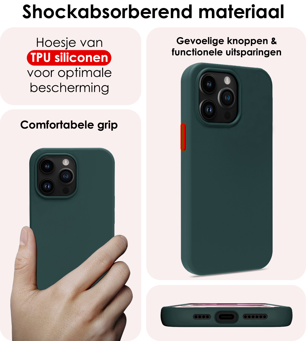 NoXx Hoes Geschikt voor iPhone 15 Pro Hoesje Cover Siliconen Back Case Hoes Met 2x Screenprotector - Donkergroen