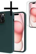 NoXx Hoes Geschikt voor iPhone 15 Pro Hoesje Cover Siliconen Back Case Hoes Met Screenprotector - Donkergroen