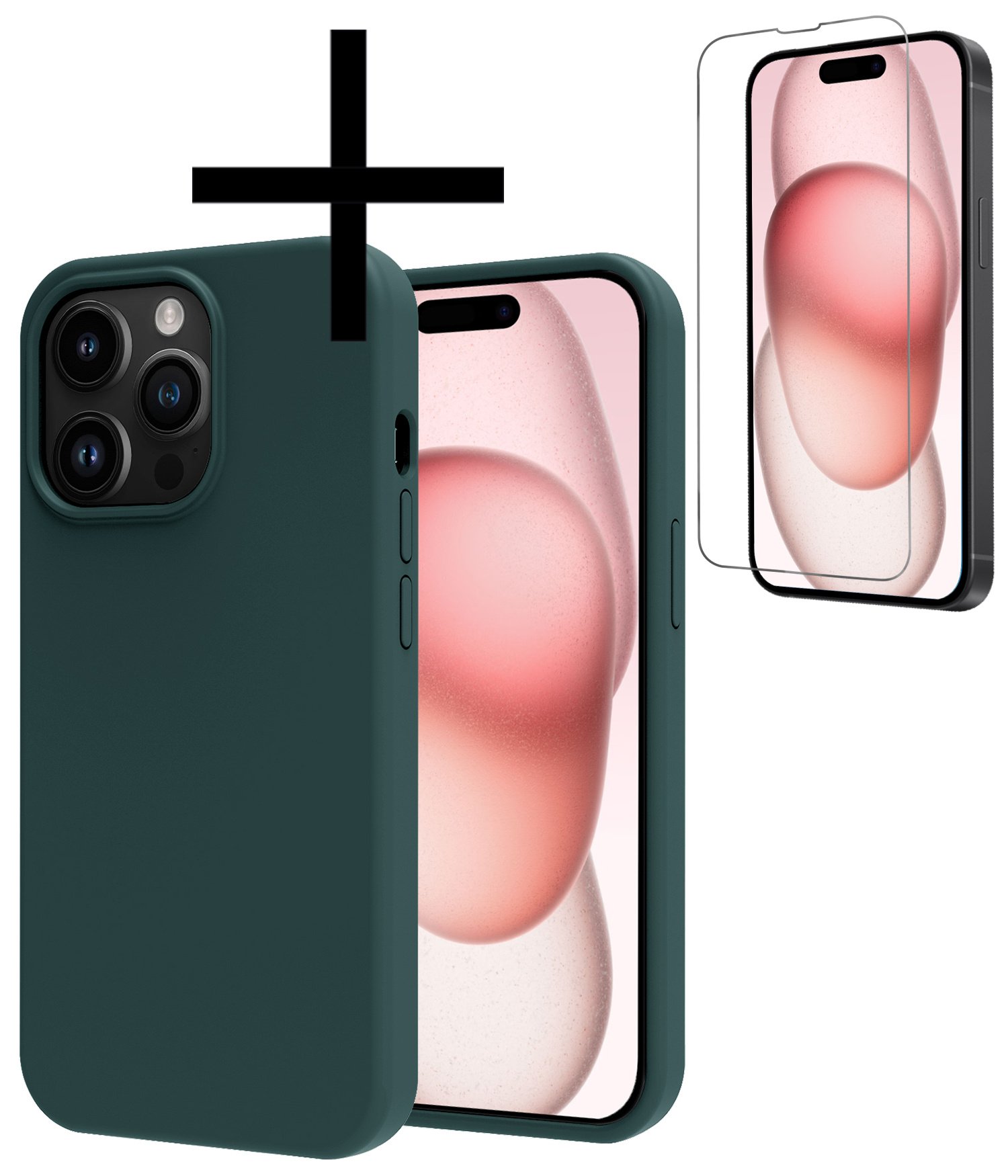 NoXx Hoes Geschikt voor iPhone 15 Pro Hoesje Cover Siliconen Back Case Hoes Met Screenprotector - Donkergroen