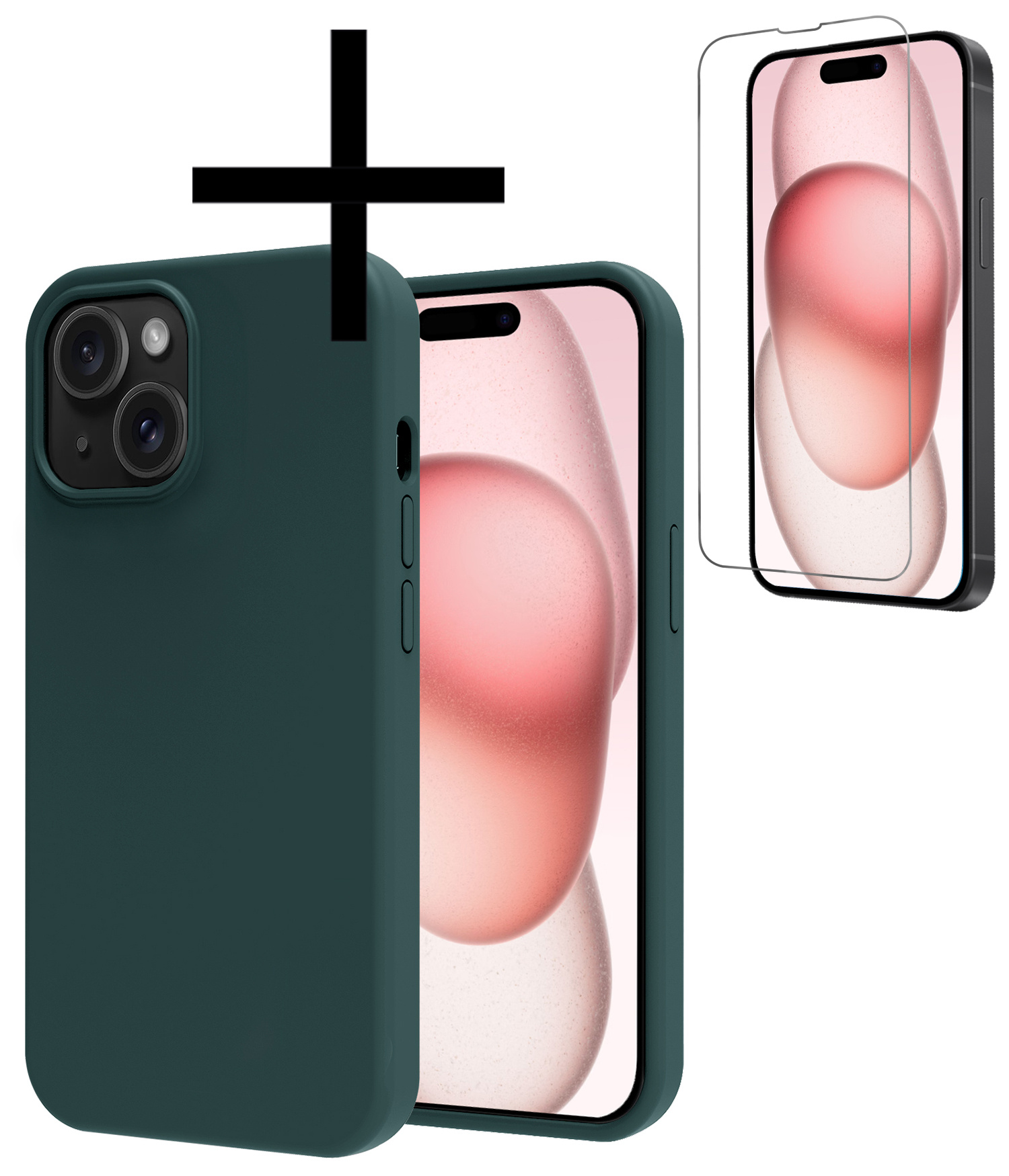 NoXx Hoes Geschikt voor iPhone 15 Hoesje Cover Siliconen Back Case Hoes Met Screenprotector - Donkergroen