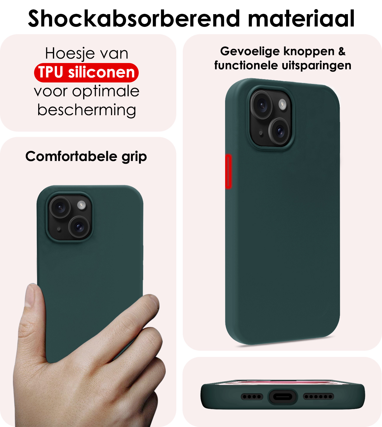 NoXx Hoes Geschikt voor iPhone 15 Hoesje Cover Siliconen Back Case Hoes Met Screenprotector - Donkergroen