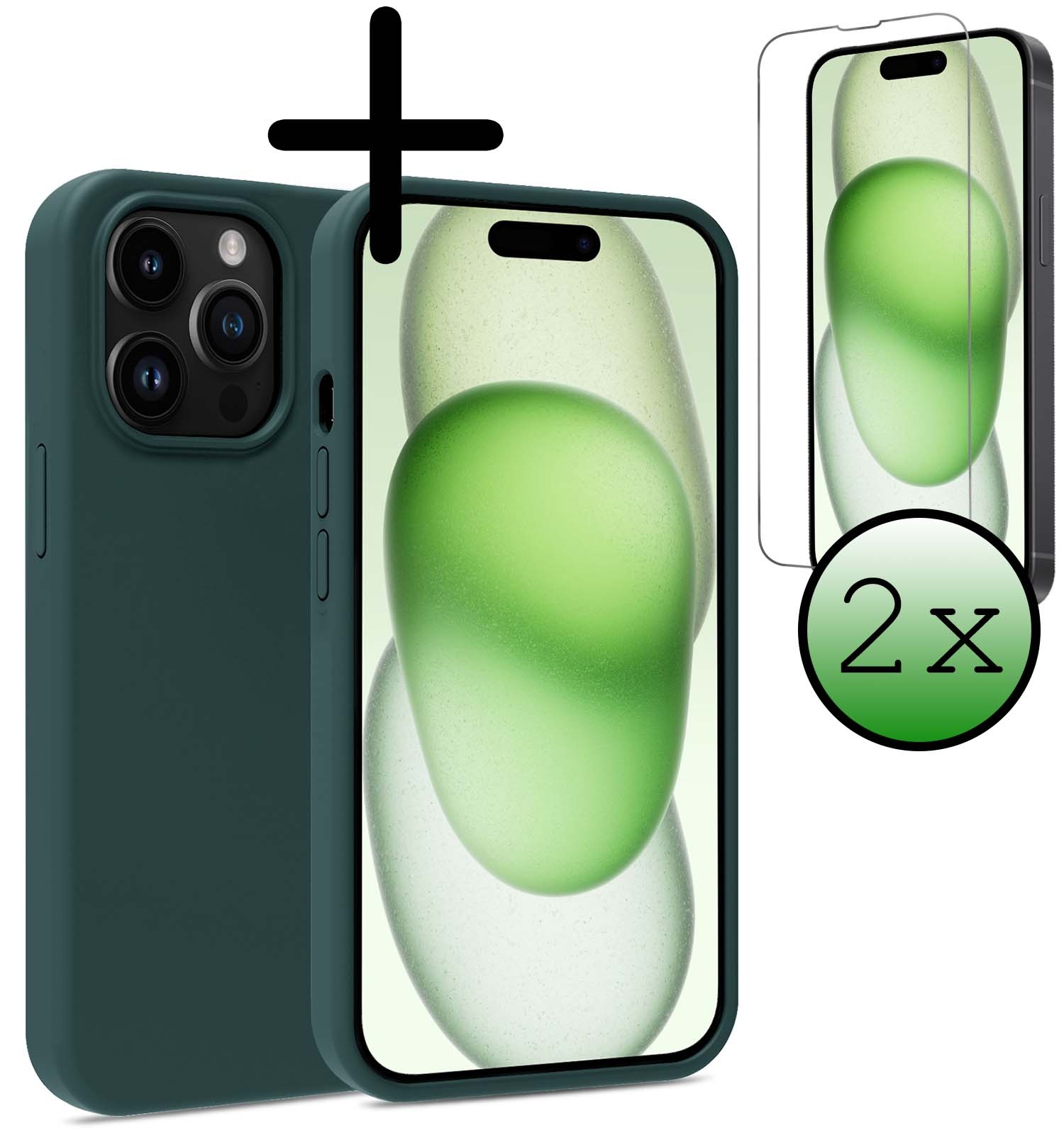 BASEY. Hoes Geschikt voor iPhone 15 Pro Hoesje Siliconen Back Cover Case Met 2x Screenprotector - Hoesje Geschikt voor iPhone 15 Pro Hoes Cover Hoesje - Donkergroen