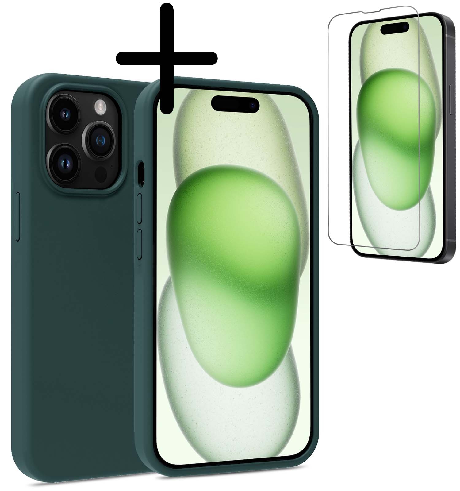 BASEY. Hoes Geschikt voor iPhone 15 Pro Hoesje Siliconen Back Cover Case Met Screenprotector - Hoesje Geschikt voor iPhone 15 Pro Hoes Cover Hoesje - Donkergroen