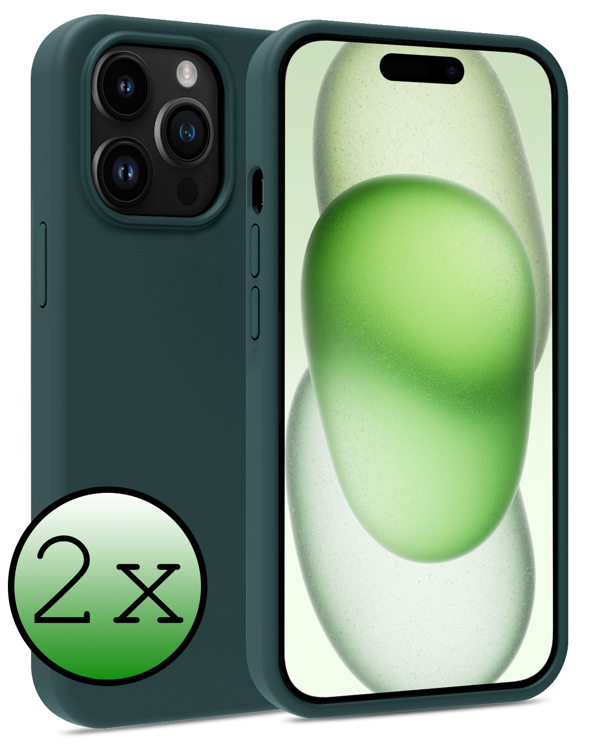 BASEY. Hoes Geschikt voor iPhone 15 Pro Hoesje Siliconen Back Cover Case - Hoesje Geschikt voor iPhone 15 Pro Hoes Cover Hoesje - Donkergroen - 2 Stuks