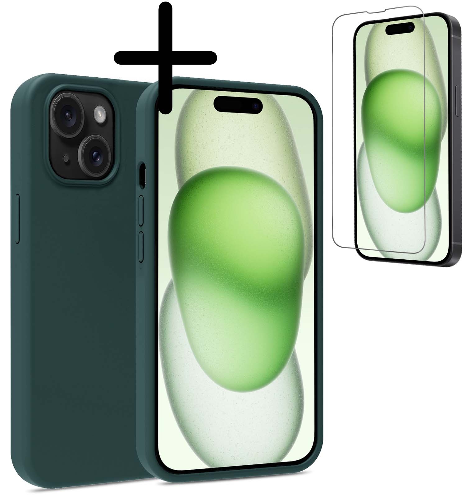 BASEY. Hoes Geschikt voor iPhone 15 Plus Hoesje Siliconen Back Cover Case Met Screenprotector - Hoesje Geschikt voor iPhone 15 Plus Hoes Cover Hoesje - Donkergroen