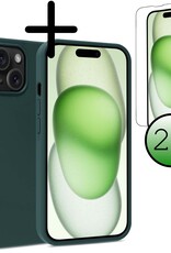 BASEY. Hoes Geschikt voor iPhone 15 Hoesje Siliconen Back Cover Case Met 2x Screenprotector - Hoesje Geschikt voor iPhone 15 Hoes Cover Hoesje - Donkergroen