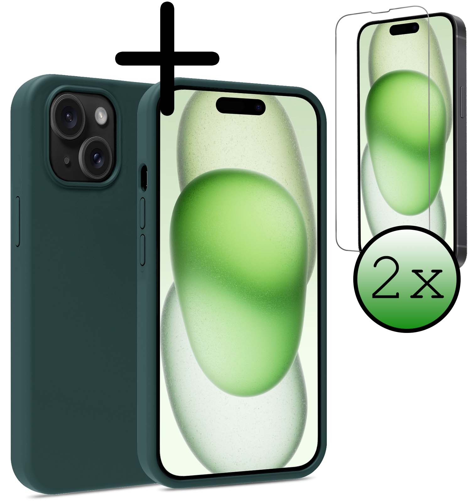 BASEY. Hoes Geschikt voor iPhone 15 Hoesje Siliconen Back Cover Case Met 2x Screenprotector - Hoesje Geschikt voor iPhone 15 Hoes Cover Hoesje - Donkergroen