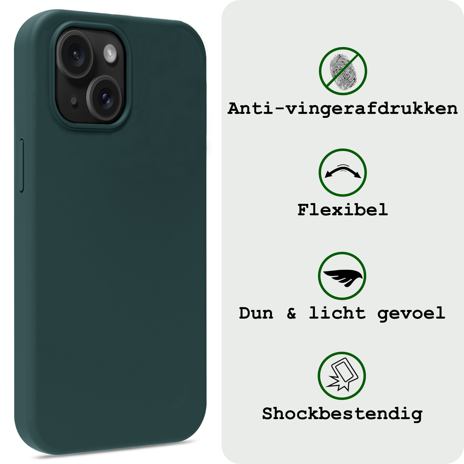 BASEY. Hoes Geschikt voor iPhone 15 Hoesje Siliconen Back Cover Case Met 2x Screenprotector - Hoesje Geschikt voor iPhone 15 Hoes Cover Hoesje - Donkergroen