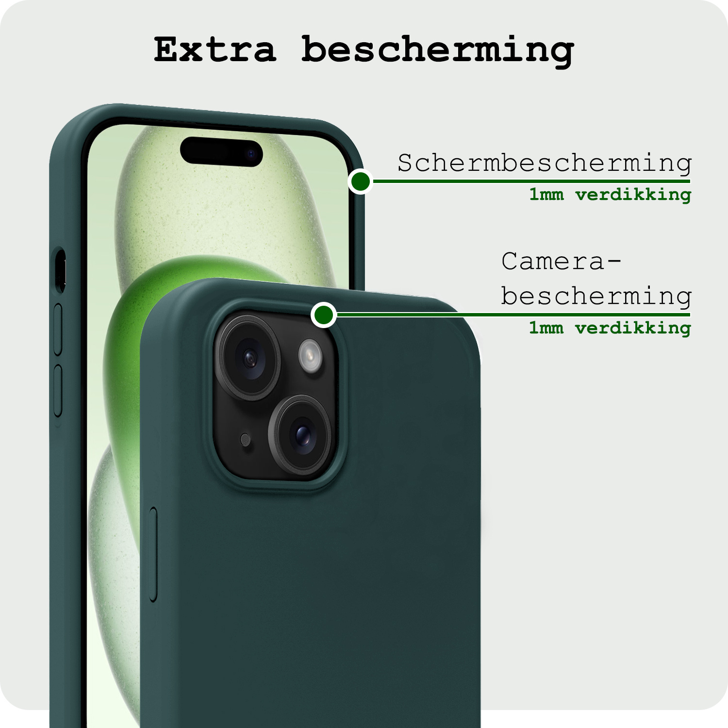 BASEY. Hoes Geschikt voor iPhone 15 Hoesje Siliconen Back Cover Case Met 2x Screenprotector - Hoesje Geschikt voor iPhone 15 Hoes Cover Hoesje - Donkergroen