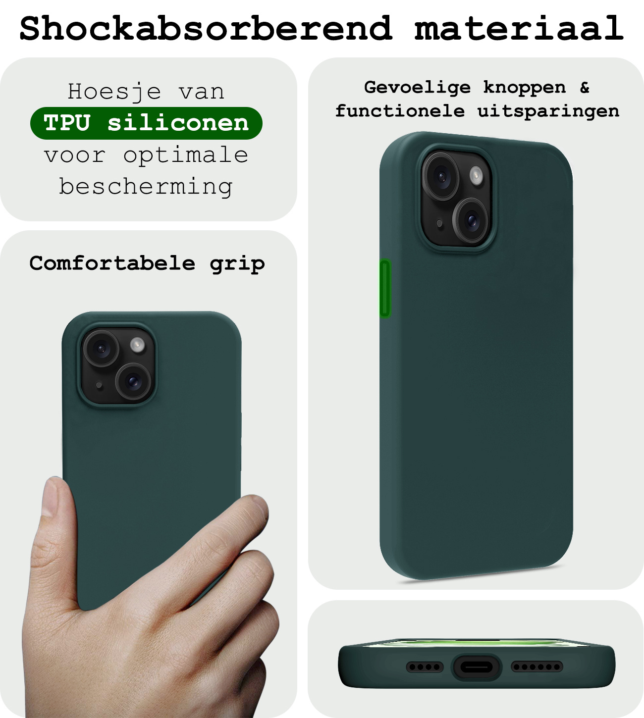 BASEY. Hoes Geschikt voor iPhone 15 Hoesje Siliconen Back Cover Case Met Screenprotector - Hoesje Geschikt voor iPhone 15 Hoes Cover Hoesje - Donkergroen