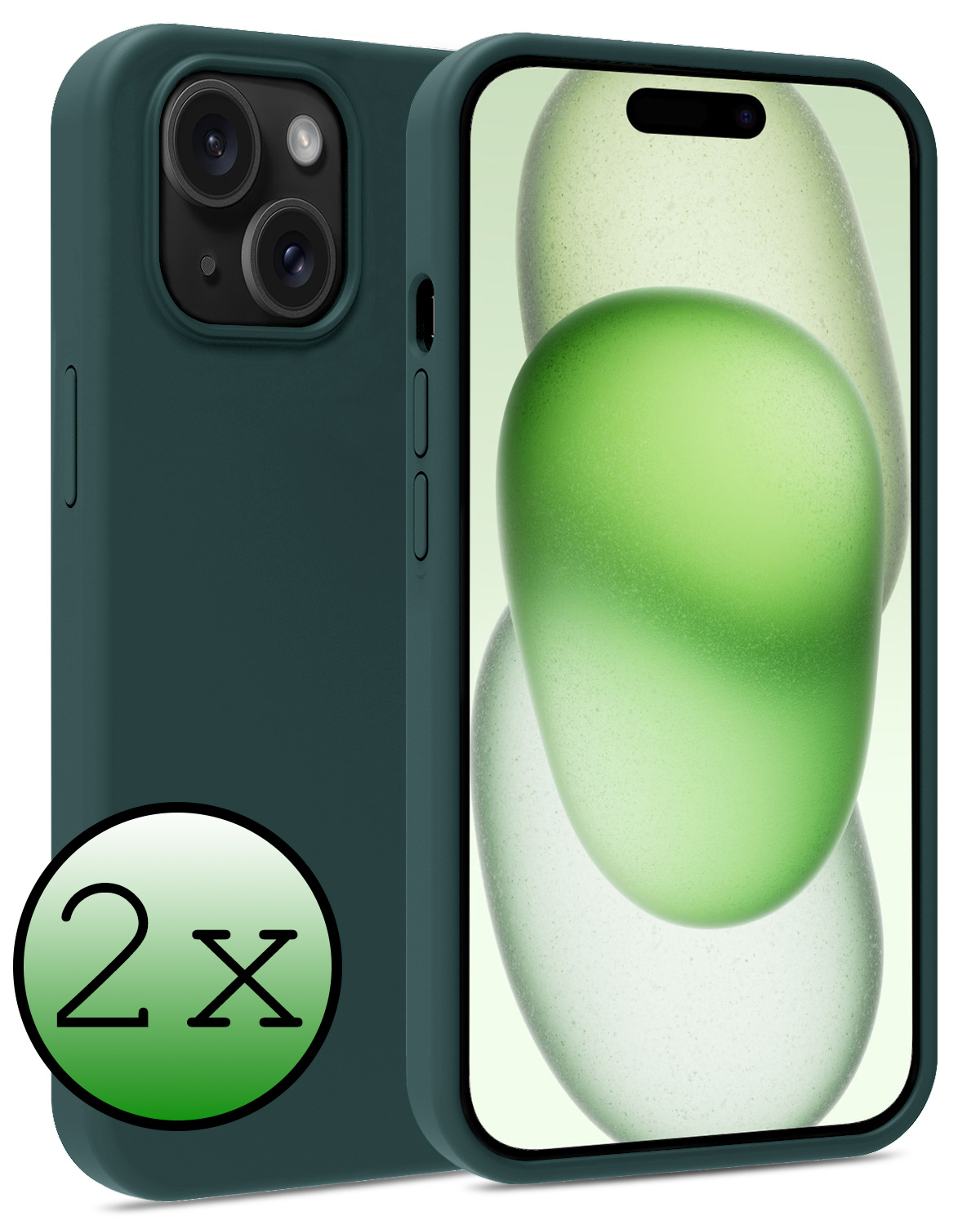 BASEY. Hoes Geschikt voor iPhone 15 Hoesje Siliconen Back Cover Case - Hoesje Geschikt voor iPhone 15 Hoes Cover Hoesje - Donkergroen - 2 Stuks