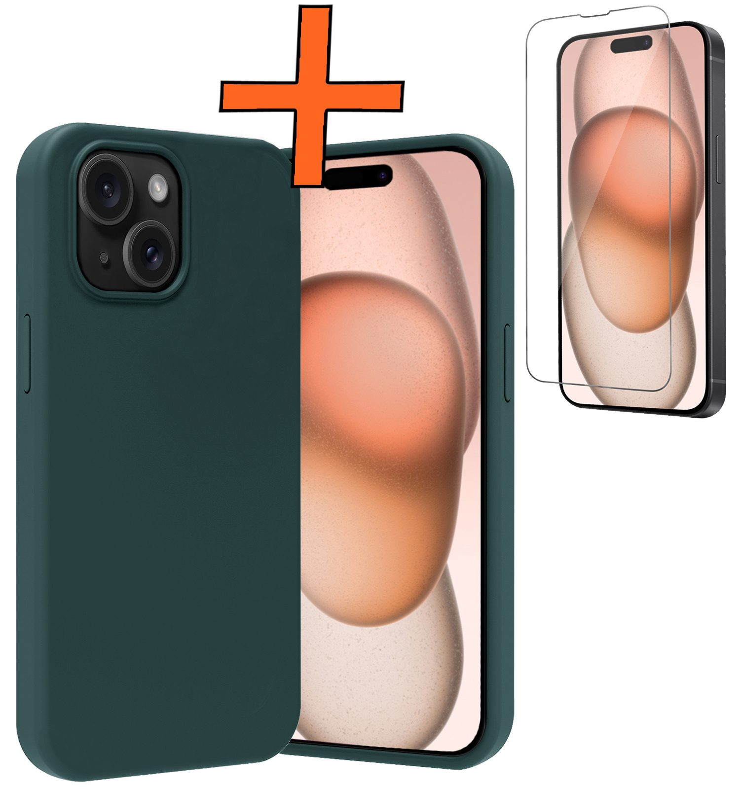 Nomfy Hoesje Geschikt voor iPhone 15 Hoesje Siliconen Cover Case Met Screenprotector - Hoes Geschikt voor iPhone 15 Hoes Back Case - Donkergroen