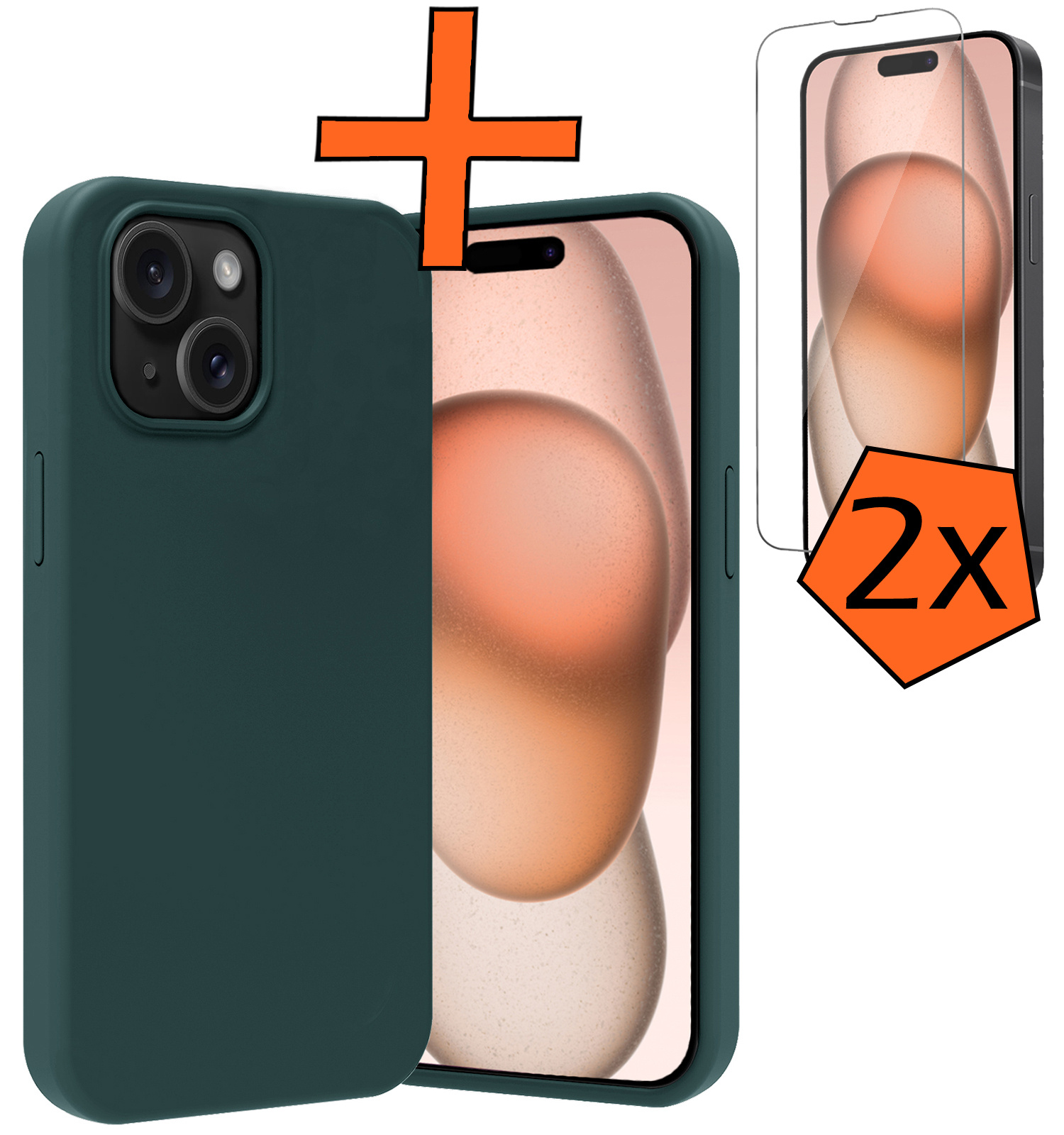 Nomfy Hoesje Geschikt voor iPhone 15 Plus Hoesje Siliconen Cover Case Met 2x Screenprotector - Hoes Geschikt voor iPhone 15 Plus Hoes Back Case - Donkergroen