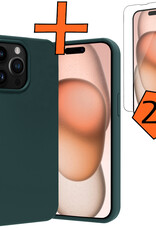 Nomfy Hoesje Geschikt voor iPhone 15 Pro Hoesje Siliconen Cover Case Met 2x Screenprotector - Hoes Geschikt voor iPhone 15 Pro Hoes Back Case - Donkergroen