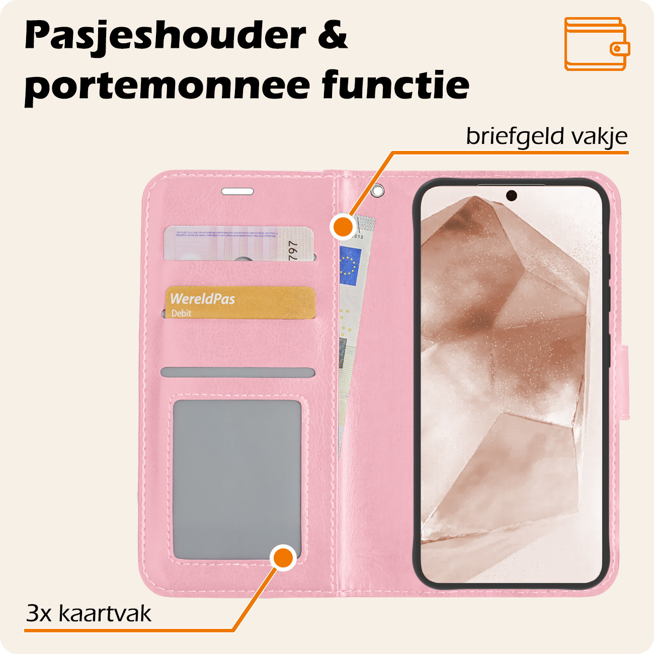 Nomfy Hoesje Geschikt voor Samsung A55 Hoes Bookcase Flipcase Book Cover - Hoes Geschikt voor Samsung Galaxy A55 Hoesje Book Case - Lichtroze