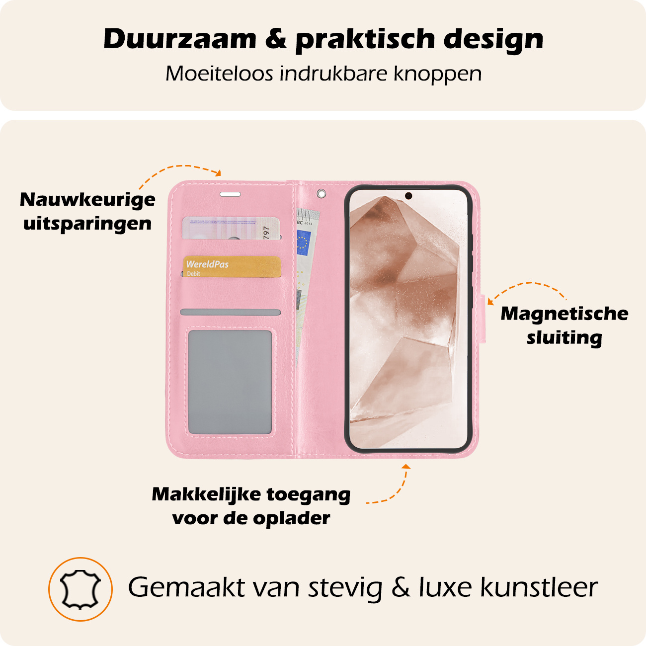 Nomfy Hoesje Geschikt voor Samsung A55 Hoes Bookcase Flipcase Book Cover - Hoes Geschikt voor Samsung Galaxy A55 Hoesje Book Case - Lichtroze