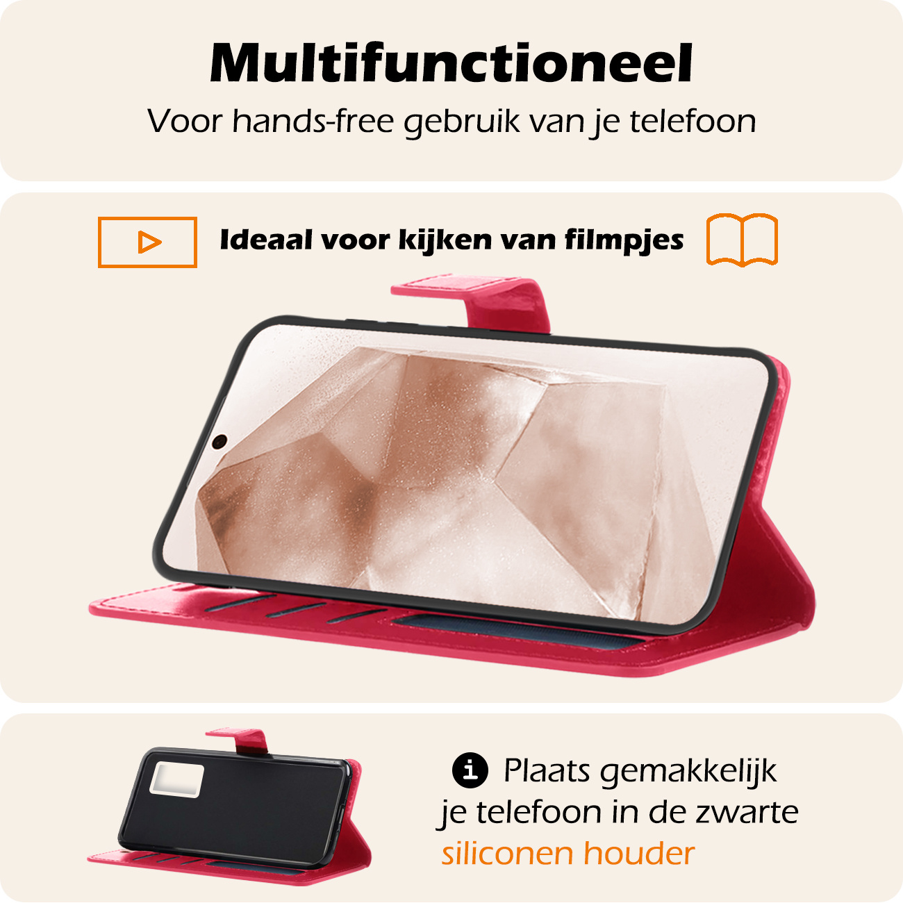 Nomfy Hoesje Geschikt voor Samsung A55 Hoes Bookcase Flipcase Book Cover - Hoes Geschikt voor Samsung Galaxy A55 Hoesje Book Case - Donkerroze