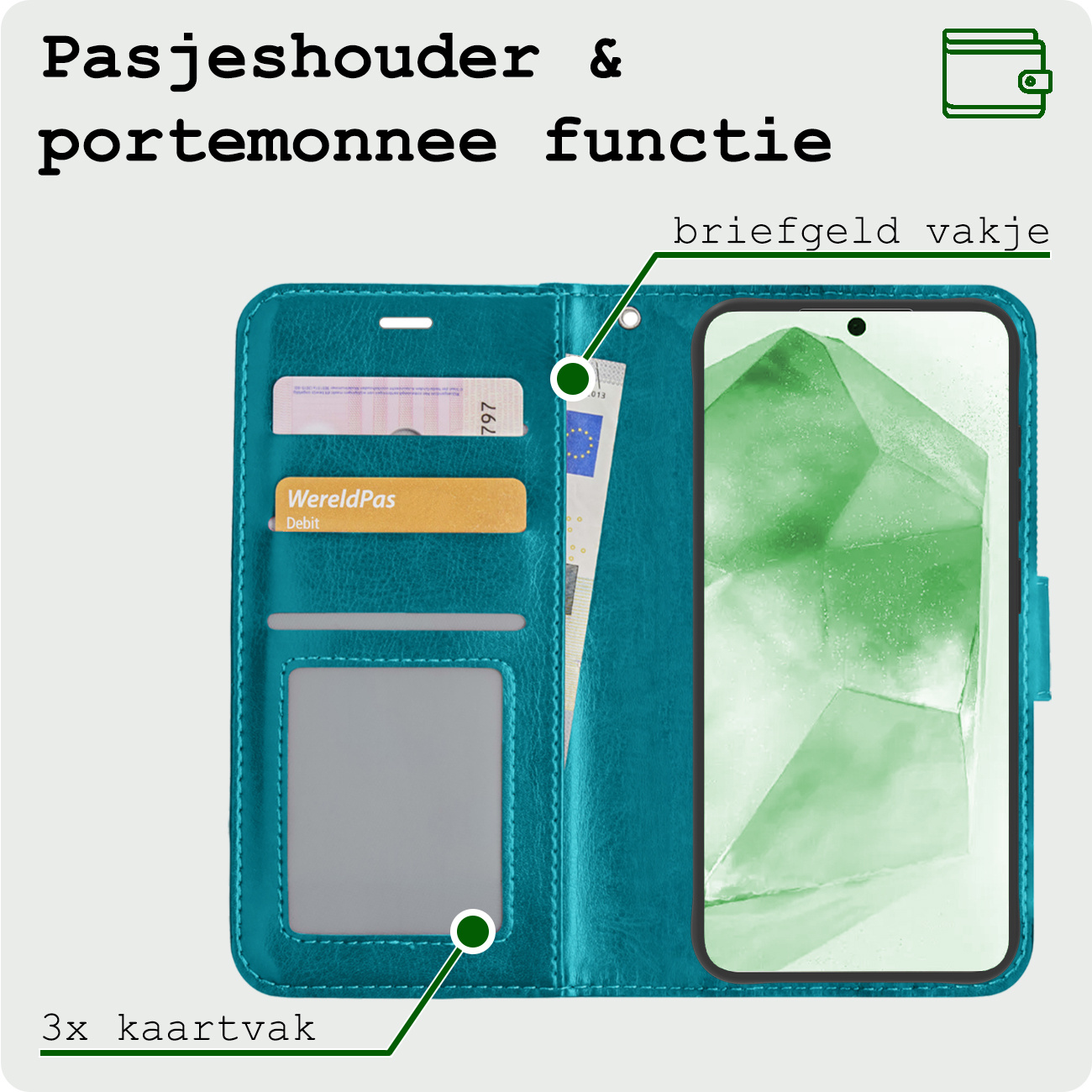 BASEY. Hoes Geschikt voor Samsung A55 Hoesje Bookcase Hoes Flip Case Book Cover - Hoesje Geschikt voor Samsung Galaxy A55 Hoes Book Case Hoesje - Turquoise