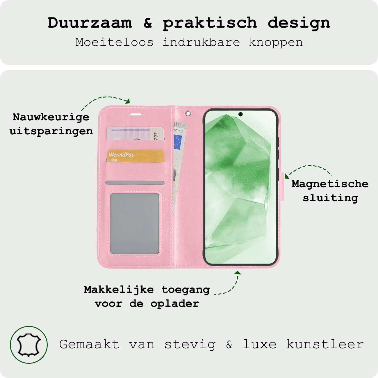 BASEY. Hoes Geschikt voor Samsung A55 Hoesje Bookcase Hoes Flip Case Book Cover - Hoesje Geschikt voor Samsung Galaxy A55 Hoes Book Case Hoesje - Lichtroze