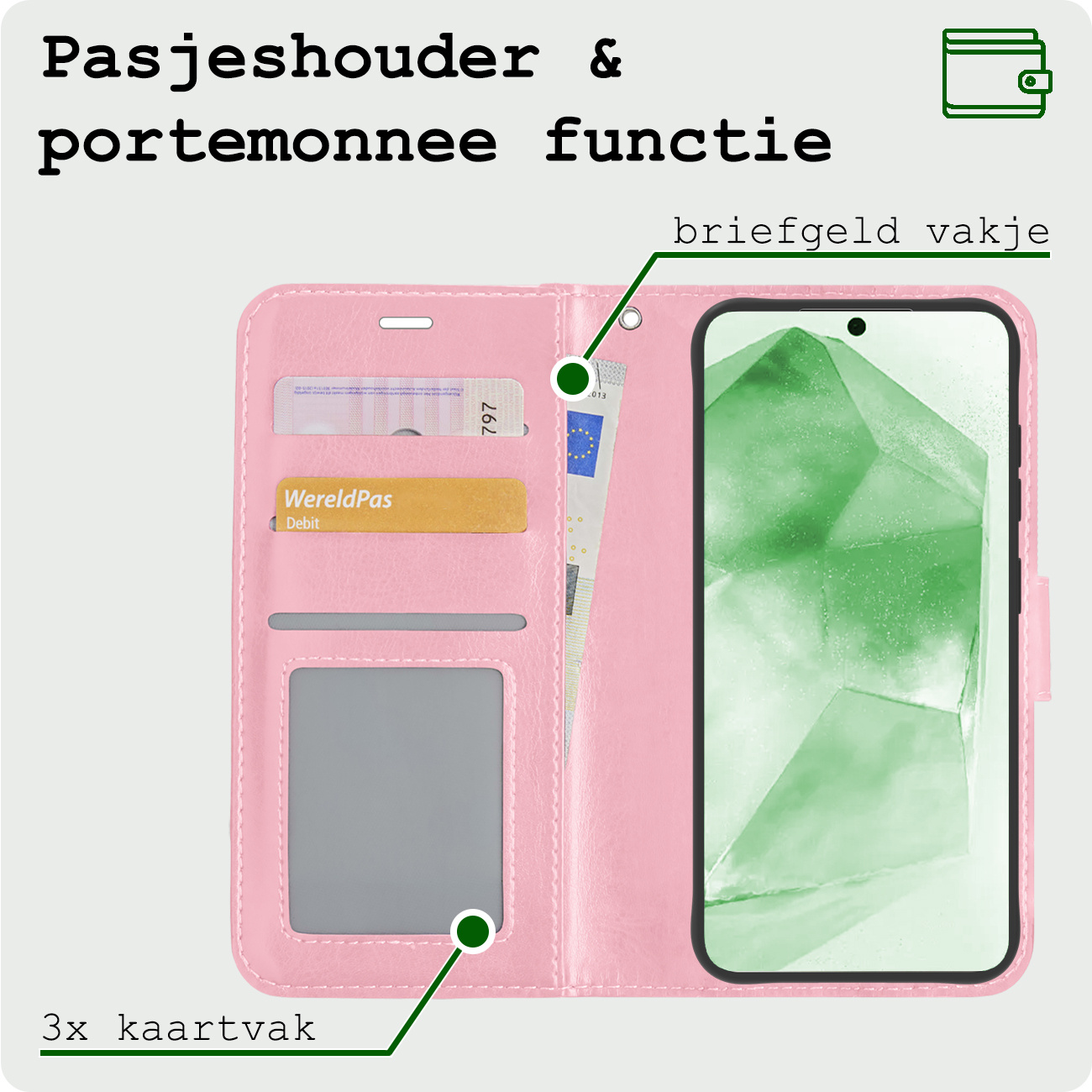 BASEY. Hoes Geschikt voor Samsung A55 Hoesje Bookcase Hoes Flip Case Book Cover - Hoesje Geschikt voor Samsung Galaxy A55 Hoes Book Case Hoesje - Lichtroze