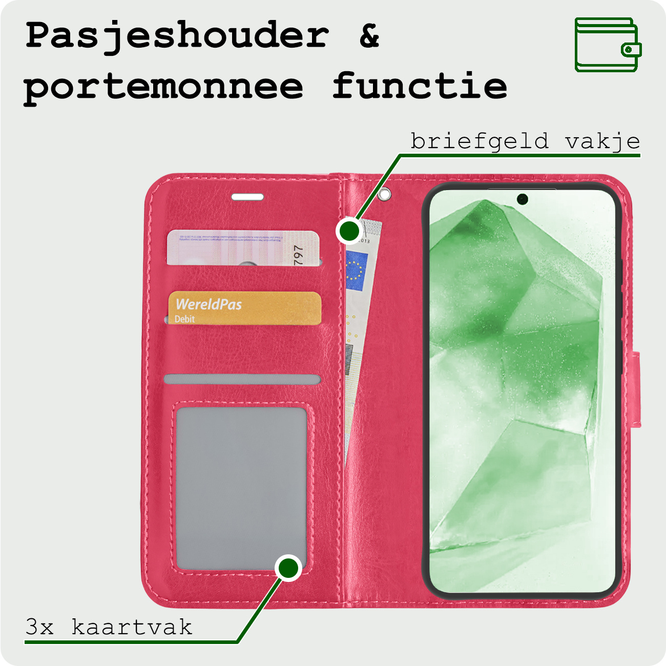 BASEY. Hoes Geschikt voor Samsung A55 Hoesje Bookcase Hoes Flip Case Book Cover - Hoesje Geschikt voor Samsung Galaxy A55 Hoes Book Case Hoesje - Donkerroze