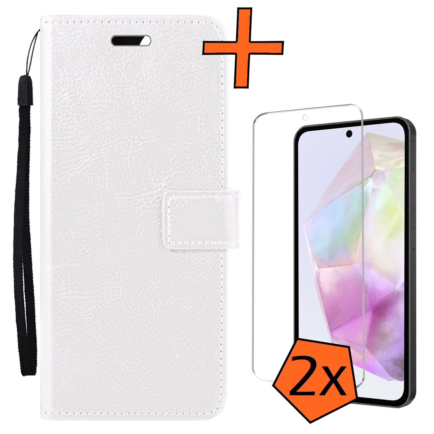 Nomfy Hoesje Geschikt voor Samsung A35 Hoes Bookcase Flipcase Book Cover Met 2x Screenprotector - Hoes Geschikt voor Samsung Galaxy A35 5G Hoesje Book Case - Wit