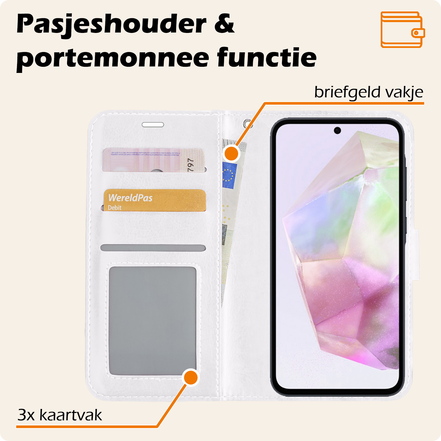 Nomfy Hoesje Geschikt voor Samsung A35 Hoes Bookcase Flipcase Book Cover Met 2x Screenprotector - Hoes Geschikt voor Samsung Galaxy A35 5G Hoesje Book Case - Wit