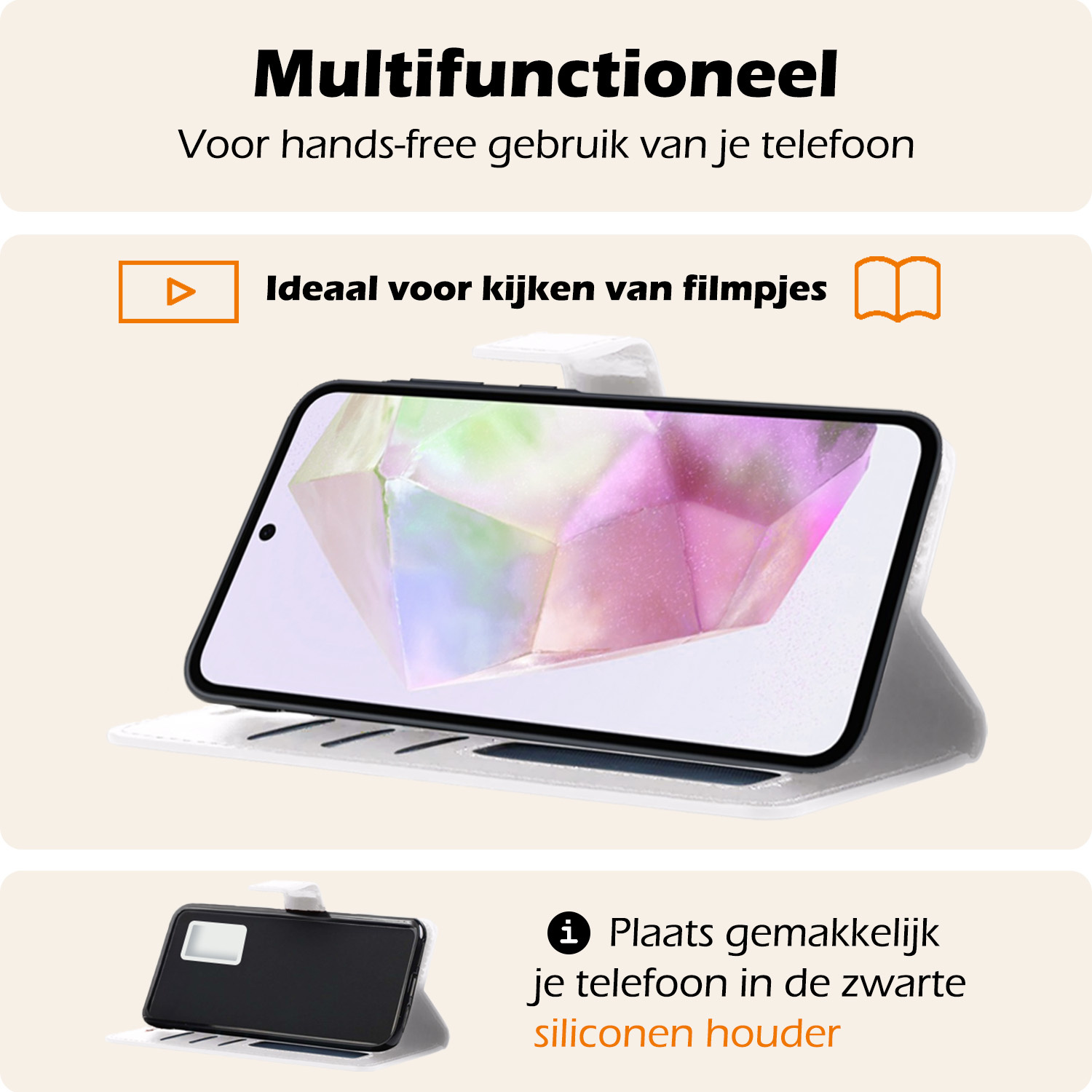 Nomfy Hoesje Geschikt voor Samsung A35 Hoes Bookcase Flipcase Book Cover Met 2x Screenprotector - Hoes Geschikt voor Samsung Galaxy A35 5G Hoesje Book Case - Wit