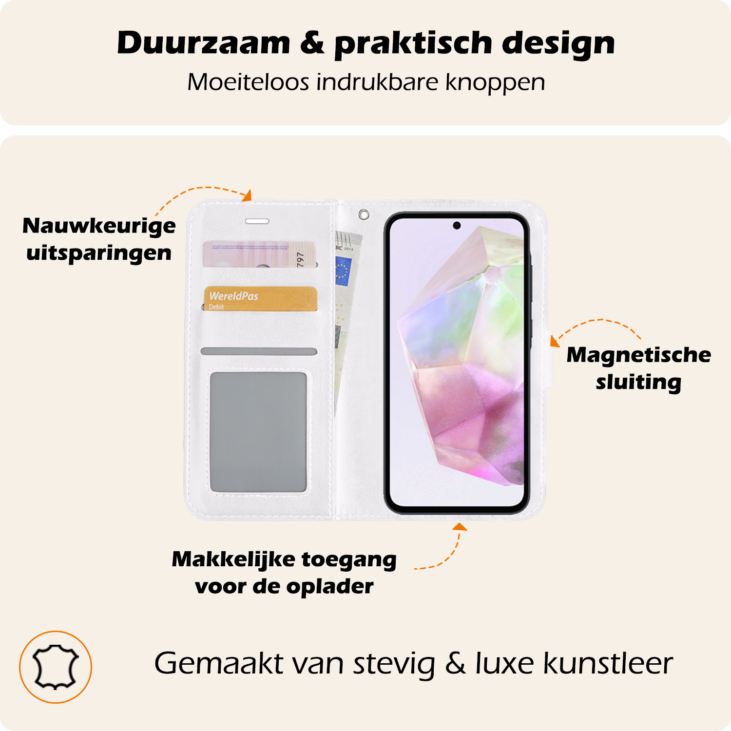 Nomfy Hoesje Geschikt voor Samsung A35 Hoes Bookcase Flipcase Book Cover Met 2x Screenprotector - Hoes Geschikt voor Samsung Galaxy A35 5G Hoesje Book Case - Wit