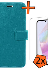 Nomfy Hoesje Geschikt voor Samsung A35 Hoes Bookcase Flipcase Book Cover Met 2x Screenprotector - Hoes Geschikt voor Samsung Galaxy A35 5G Hoesje Book Case - Turquoise